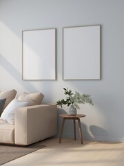 Living room with two vertical frame mockups, beige sofa and interior decoration. 3D rendering, interior design, 3D illustration
