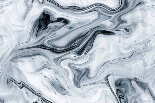 A close-up of an abstract art piece featuring swirling black and white liquid paint.
