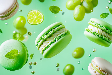 The composition features green macarons beautifully arranged with mint leaves and grapes, creating a lively and refreshing visual experience, perfect for a dessert lover