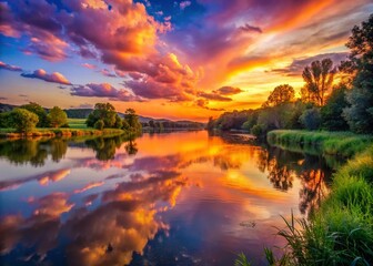 Stunning Sunset Over River - Serene Water Reflection, Tranquil Nature Photography, Scenic Landscape