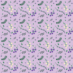 Delicate floral pattern with violet and beige flowers on lilac backgroud. Vector illustration.
