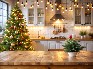 Festive kitchen backdrop with empty wooden table in foreground, Christmas tree and twinkling lights creating a warm, cozy atmosphere for holiday cooking and gatherings