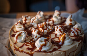 A decadent dessert featuring whipped cream dollops, drizzled caramel sauce, and crushed nuts on a smooth cake base. The vibrant textures and rich flavors make it a perfect treat.