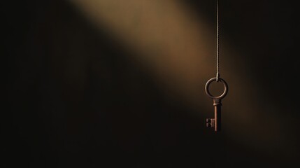 A rustic key hanging from a string against a dark background with soft lighting.