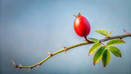 Minimalist rose hip flower on prickly bush branch