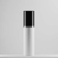 A minimalist cosmetic bottle mockup, showcasing a white cylindrical container with a sleek black top and a silver accent. Perfect for presenting branding designs for skincare, lotion, serum, or other 