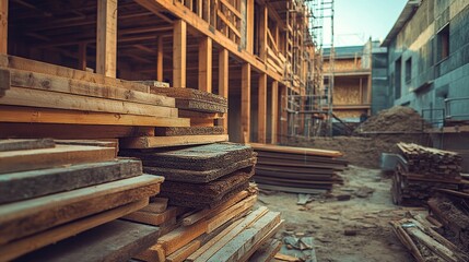 Fototapeta premium Residential construction process of new housing units is underway at the construction site with piles of wooden materials