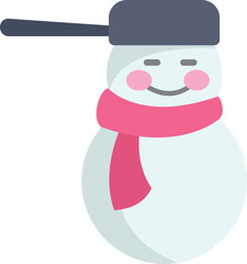 Cute and whimsical illustration of a snowman wearing a pink scarf and a frying pan hat, perfect for winter and holiday themed designs