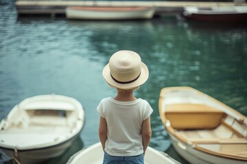 Obraz premium Child in straw hat observing boats at tranquil lakeside marina
