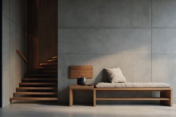 Modern Minimalist Entryway With Wooden Bench and Concrete Wall.
