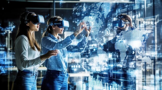 Three People Wearing Virtual Reality Headsets Interacting with a Digital World Map