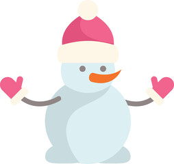 Cute snowman wearing a pink winter hat and mittens is waving hello