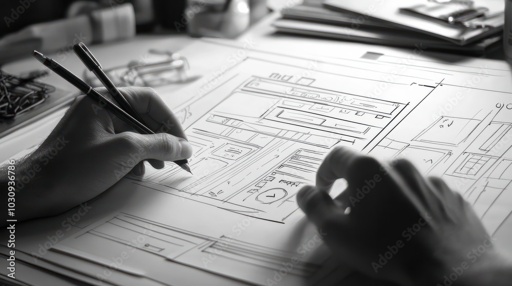 Poster ux graphic designer creative. sketch planning application process development prototype wireframe fo