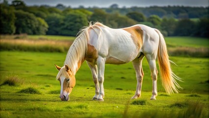 photo of unusual white and tan horse grazing in an English field