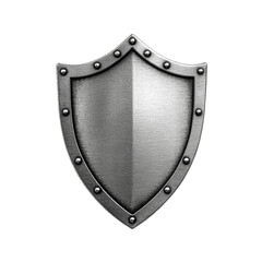Shield shaped metal badge with rivets along the borders and a brushed steel finish isolated on transparent background 