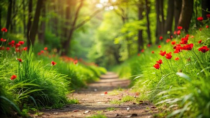 Fototapeta premium path in forest with red flowers and green long leaved grass macro