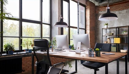 close up Modern office interior in loft, industrial style, 3d render