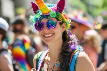 Joyful celebration: colorful unicorn costume at vibrant parade