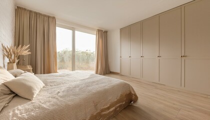 Earthy nomadic bedroom interior, 3d render