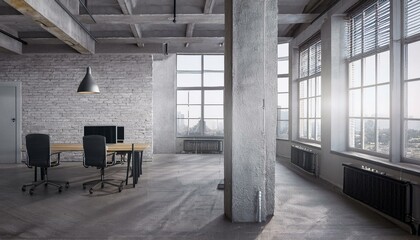 Naklejka premium Office interior in loft, industrial style, 3d render