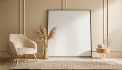 Frame mockup in contemporary minimalist beige room interior, 3d render