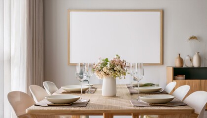 Frame mockup in modern dining room interior with flowers on the table and chairs, 3d render