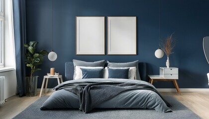 Frame mockup in cozy dark blue bedroom interior, 3d render