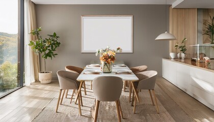 Frame mockup in modern dining room interior with flowers on the table and chairs, 3d render