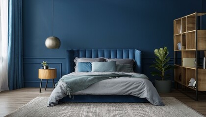 Home mockup, cozy dark blue bedroom interior background, 3d render
