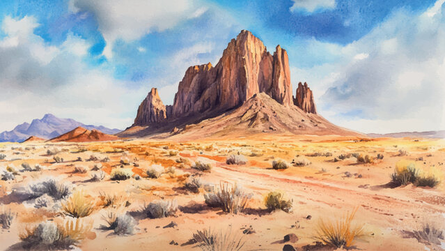 Shiprock New Mexico Desert Landscape Watercolor Background Illustration Featuring Iconic Rock Formation Arid Terrain Vibrant Colors Southwestern Scene and Natural Beauty