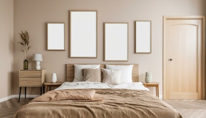 Mock up frame in bedroom interior background, beige room with natural wooden furniture, 3d render