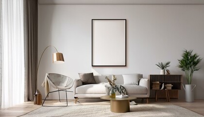 Mockup frame in modern interior, white room with contemporary furniture, 3d render