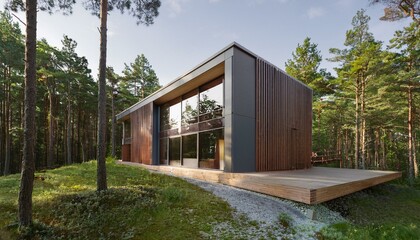 Obraz premium Modern house in forest, 3d render