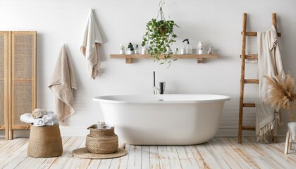 White cozy bathroom interior, farmhouse style, 3d render