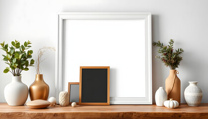 White frame and home decoration details on tabletop with wall, artwork poster mock-up isolated with white highlights, png