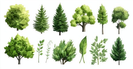 Watercolor top view of a tree, isolated on white background for landscape plan and architecture layout drawing, environment and garden elements, blossom grass and flowers in bloom