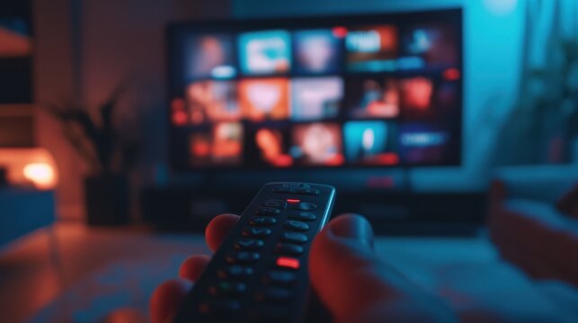A hand holding a remote control in front of a smart TV with streaming services on the screen, in a close up shot.