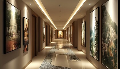 A boutique hotel hallway adorned with local artwork and photographs