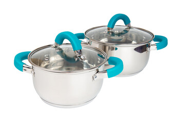 Set of for stainless steel cooking pot isolated over white background with clipping path.