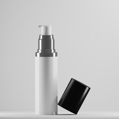 A sleek airless pump bottle with a white body and silver pump stands against a clean white background. The black cap is positioned slightly off-center, adding a touch of asymmetry to the minimalist 