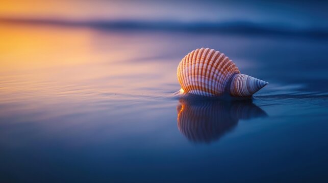 A beautiful shell resting on the sand with a sunset background.