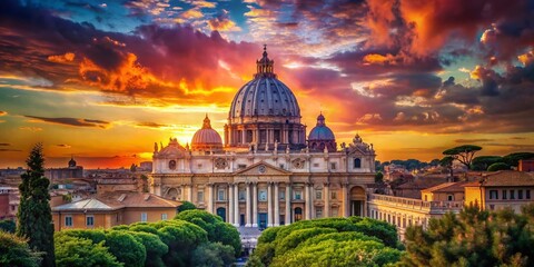 Fototapeta premium Sunset Over St. Peter's Basilica Dome in Rome, Captivating Sky Colors and Architectural Grandeur