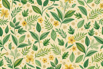 Seamless pattern of green and yellow leaves and flowers on beige background