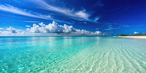 Shallow sea coast with crystal clear water, white sand bed, and clear blue sky
