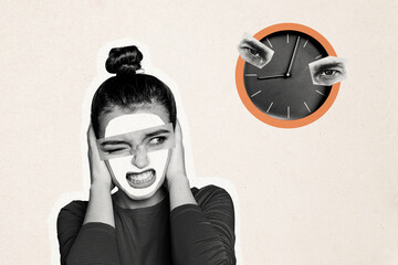 Composite photo collage of dissatisfied girl shut ears deadline alert spy eyeball control expire...