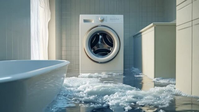 A white washing machine is overflowing in a bathroom, soapy water covers the entire floor