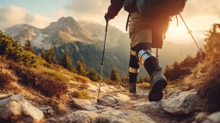 Brave hiker with prosthetic legs, backpack and trekking poles overcomes mountain trail, embodying resilience and strength. Active lifestyle with disability, movement perseverance, adventure, travel