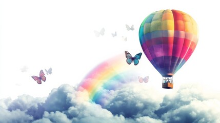 Obraz premium Hot Air Balloon Flying Above Clouds With Rainbow And Butterflies.