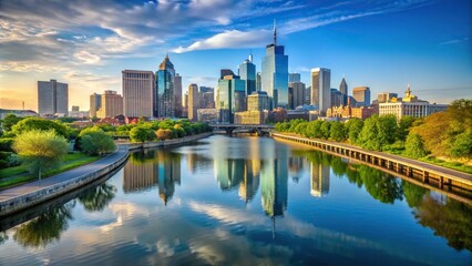 Obraz premium Scenic view of Schuylkill River flowing through downtown Philadelphia, Pennsylvania