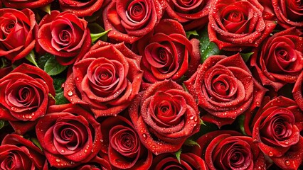 Obraz premium Seamless background of small red roses with green leaves and water drops